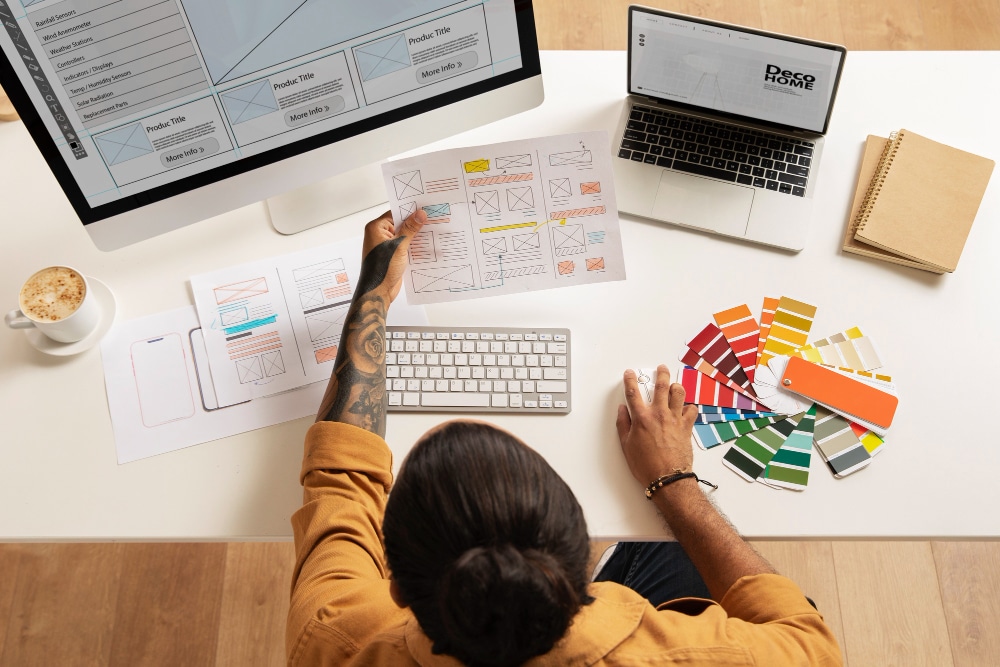 Logo-Entwicklung und Grafikdesign für Kunden: Ein Skizzenbuch mit handgezeichneten Entwürfen und ein Smartphone auf einem Holztisch bei feinform.