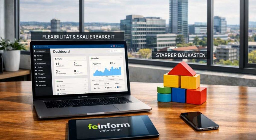 Vergleich zwischen WordPress und Website-Baukasten-Systemen. Ein moderner Laptop mit WordPress-Oberfläche neben einfachen Holzbausteinen, symbolisiert Flexibilität und Skalierbarkeit für Webprojekte im feinform webdesign Büro Fulda.