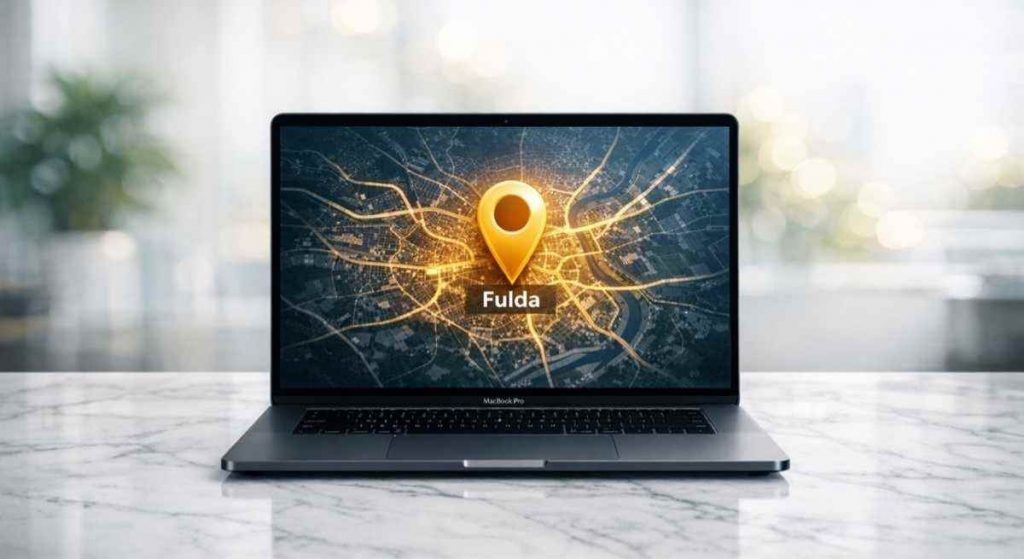 MacBook Pro auf edlem Schreibtisch zeigt eine Google Maps Karte von Fulda zur lokalen SEO Optimierung.